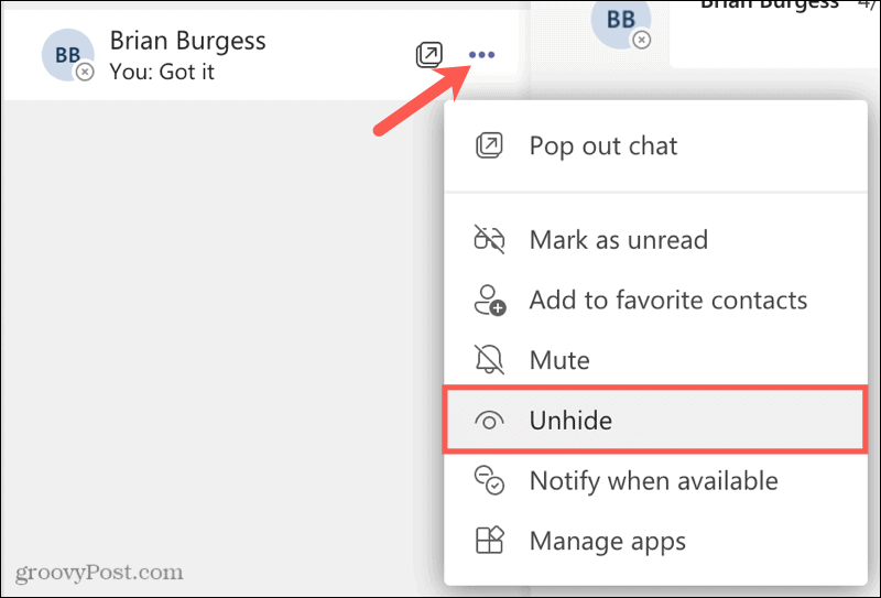 Slik sletter eller skjuler du en chat i Microsoft Teams