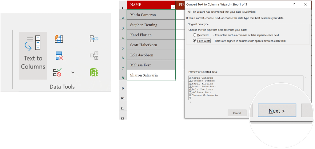 A Microsoft Excel adatok felosztása több oszlopra