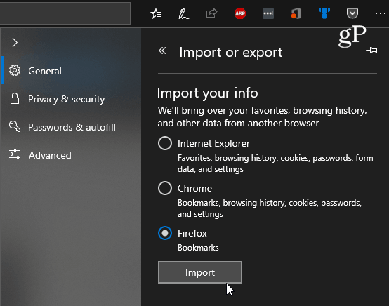 Importera bokmärken från Chrome, IE eller Firefox till äldre Microsoft Edge