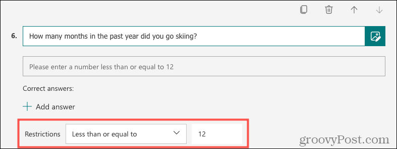 Slik bruker du begrensninger for spørsmål i Microsoft Forms