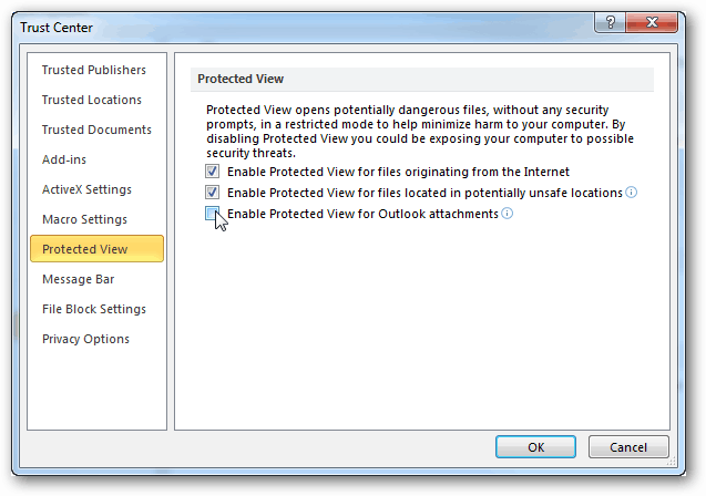 Inaktivera skyddad vy för Outlook-bilagor