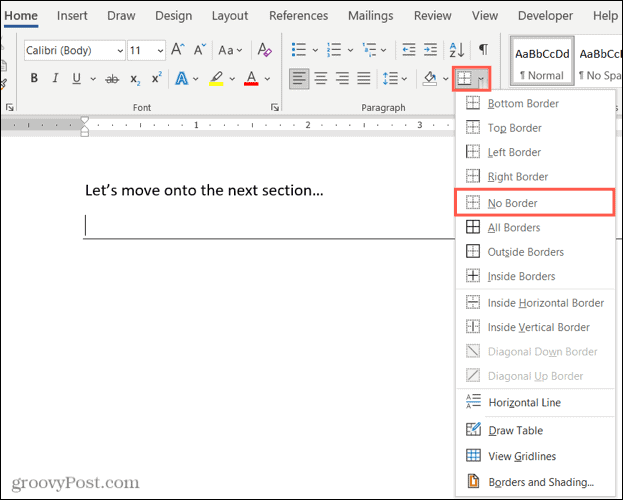 A vízszintes vonal eltávolítása a Microsoft Word programban