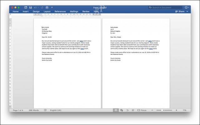 A Körlevél használata a Microsoft Word 2016 for Mac alkalmazásban