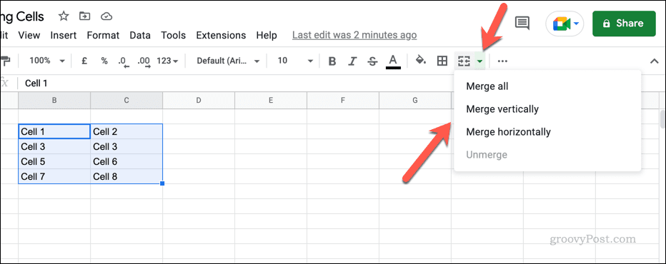 Slik slår du sammen og opphever sammenslåingen av celler i Google Sheets