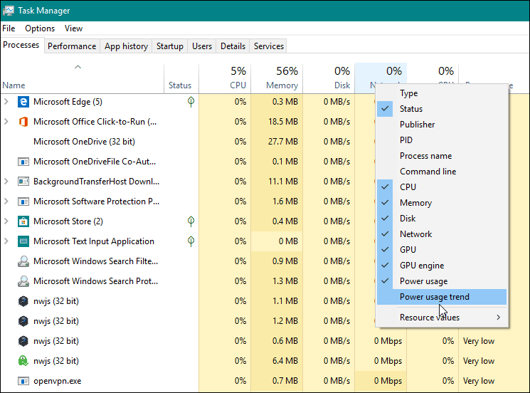 Overvåg appens strømforbrug i Windows 10 Task Manager