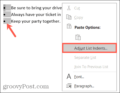 Hur man justerar punkt- eller nummerlista indrag i Microsoft Word