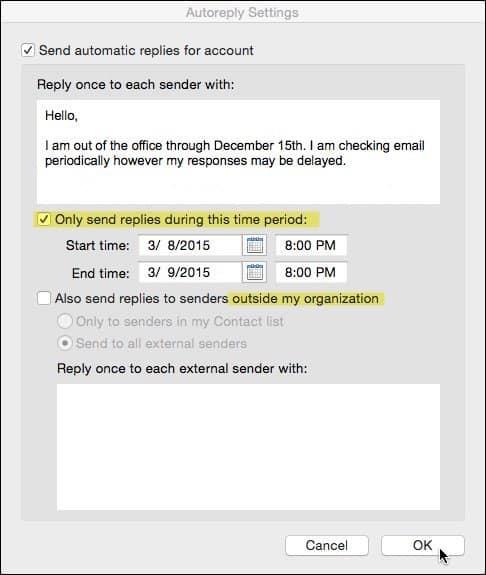 Як увімкнути помічника автовідповідей поза офісом для Outlook для Mac