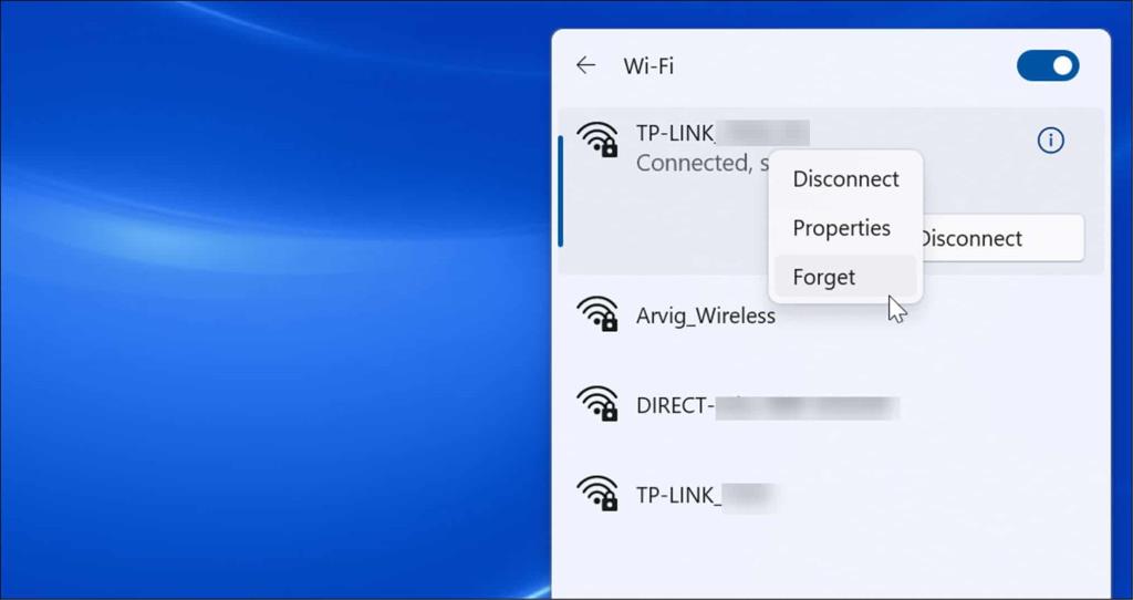 Wi-Fi hálózat elfelejtése Windows 11 rendszeren