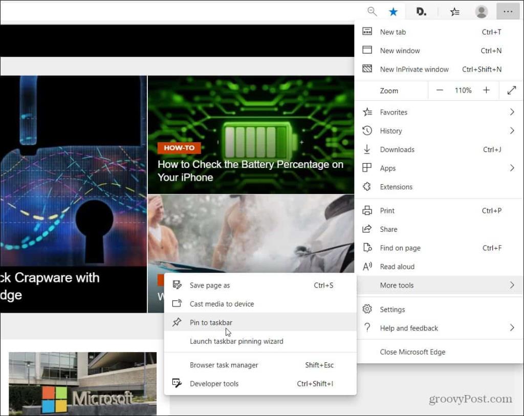 Připněte webové stránky na hlavní panel Windows z Microsoft Edge