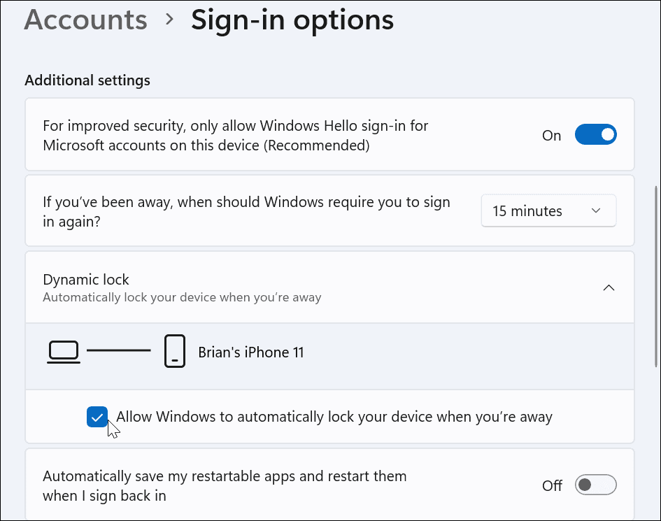 A Dynamic Lock használata Windows 11 rendszeren