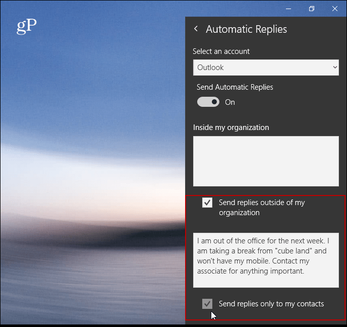 Hozzon létre automatikus válaszokat az Outlook.com és a Windows 10 Mail App alkalmazásban