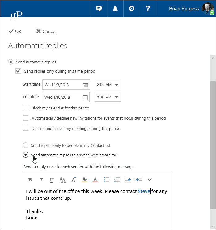 Lag automatiske svar i Outlook.com og Windows 10 Mail App