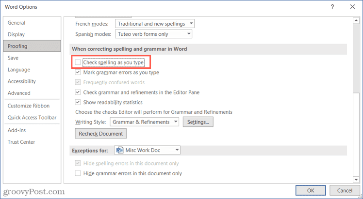 A helyesírás-ellenőrzés kikapcsolása a Microsoft Word programban