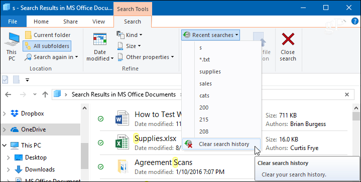 Slik sletter, sletter eller deaktiverer du søkehistorikk for Windows 10 File Explorer