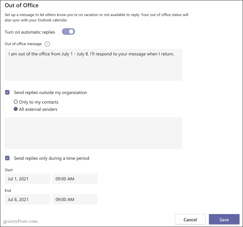 Hur man ställer in ett frånvaromeddelande i Microsoft Teams