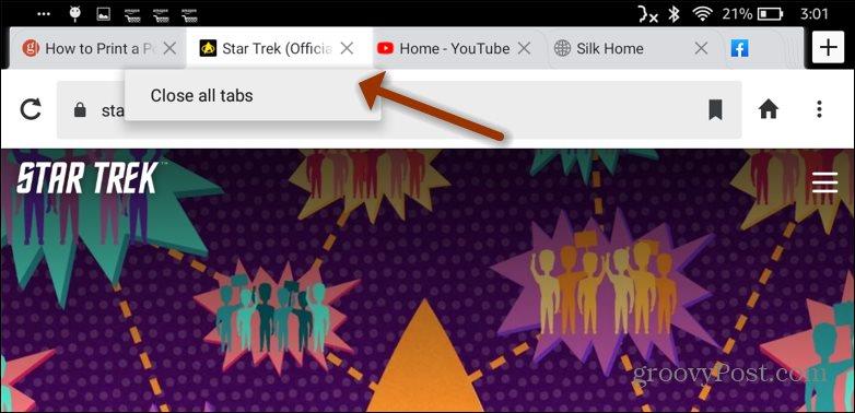 Kindle Fire: Zavřete všechny otevřené karty prohlížeče Silk