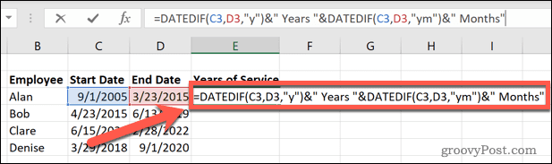 Hur man beräknar tjänsteår i Excel