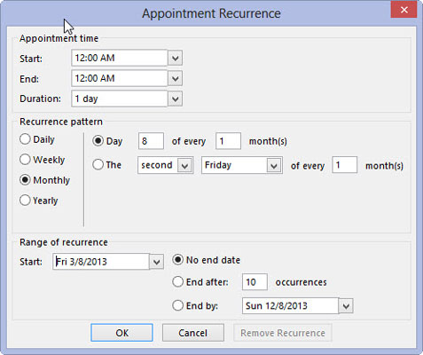 Hvordan lage gjentakende avtaler i Outlook 2013s kalender