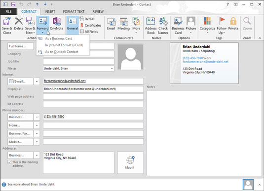 Hvordan videresende et visittkort i Outlook 2013