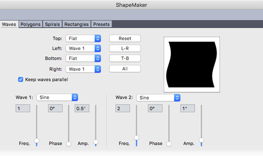 Karty z dialogového okna QuarkXPress ShapeMaker