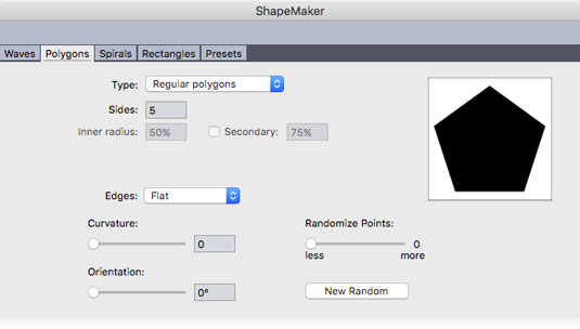 Vahekaardid QuarkXPress ShapeMakeri dialoogiboksist