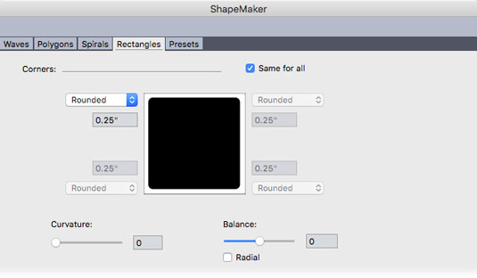 Skedat nga kutia e dialogut QuarkXPress ShapeMaker