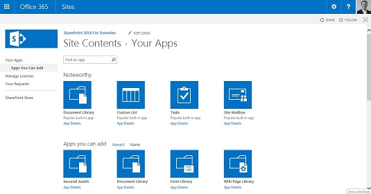 Kako dodati aplikacije na spletno mesto SharePoint 2016