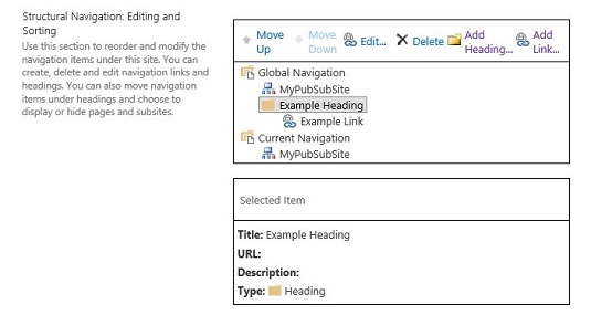 Staatilise navigeerimise konfigureerimine rakenduses SharePoint 2016