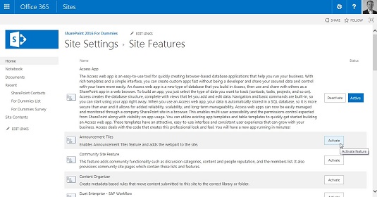 Activació i desactivació de funcions a SharePoint 2016