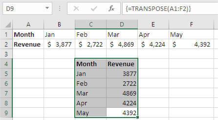 Diapazona atlase programmā Excel: TRANSPOZE