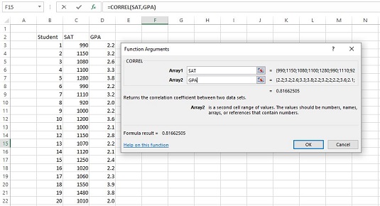 Funksionet e fletës së punës Excel për korrelacion