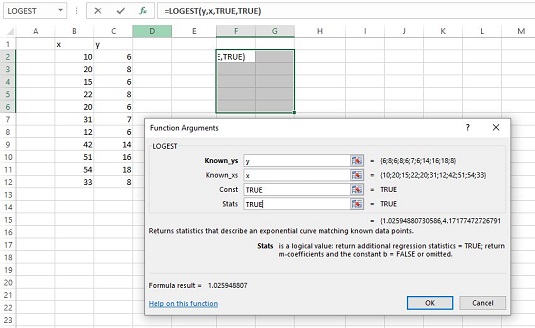 Uporaba funkcije matrike Excel: LOGEST za statistično analizo