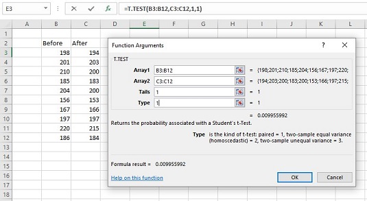 Kaip naudoti T.TEST suderintiems pavyzdžiams programoje „Excel“.