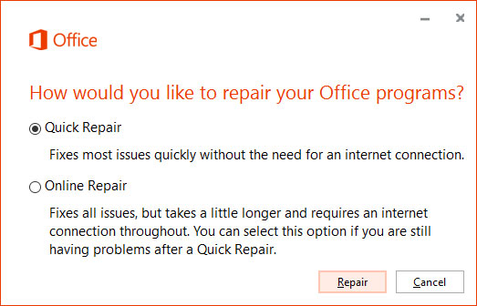 Word 2016 parandamiseks käivitage Office Repair Utility