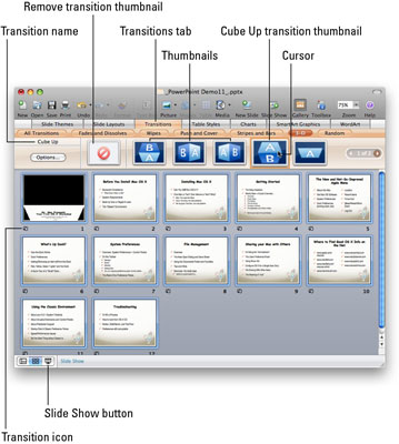 Átmenetek alkalmazása a PowerPoint for Mac Diákhoz