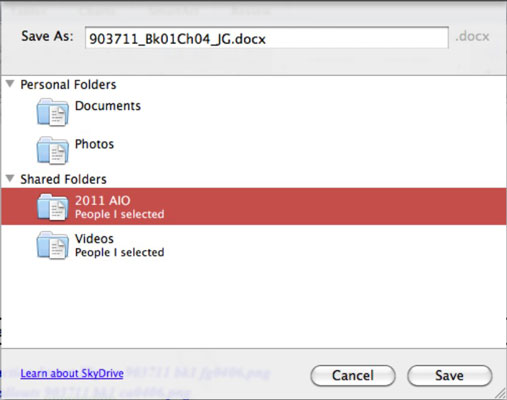 Failu pārvaldība, izmantojot SkyDrive programmā Office 2011 darbam ar Mac