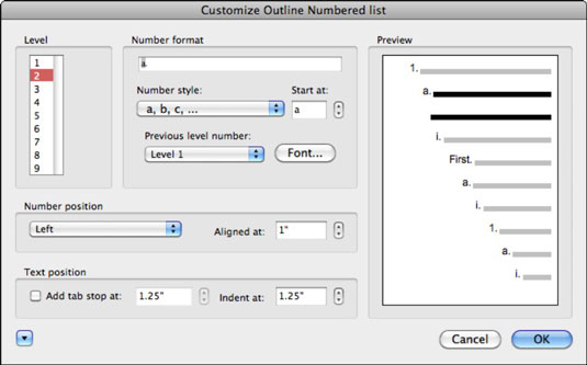 Creació de llistes numerades de diversos nivells al Word 2011 per a Mac