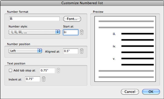 Přizpůsobení číslovaných seznamů v aplikaci Word 2011 pro Mac