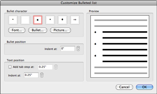 Kuidas kohandada täppe rakenduses Word 2011 for Mac