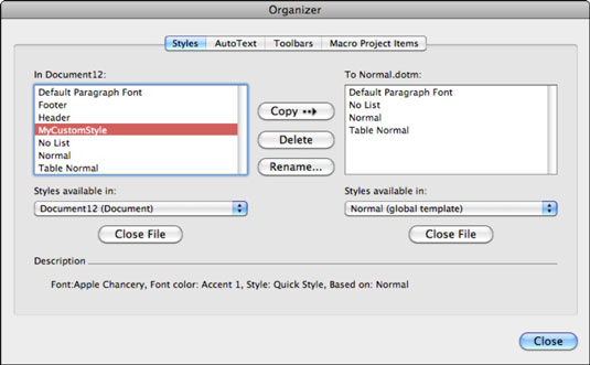 Bruke Word Organizer i Office 2011 for Mac