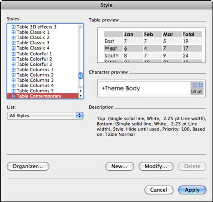 Uporaba slogov tabele v programu Word 2011 za Mac