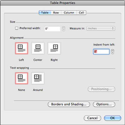 Word 2011 za Mac: Krmarjenje po pogovornem oknu Lastnosti tabel