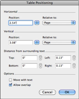 Word 2011 pro Mac: Navigace v dialogovém okně Vlastnosti tabulky