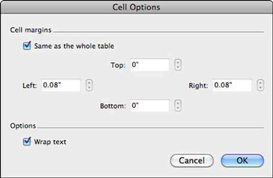 Word 2011 για Mac: Πλοήγηση στο πλαίσιο διαλόγου Ιδιότητες πινάκων