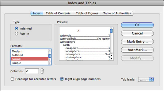 Looge indeks rakenduses Word 2011 for Mac