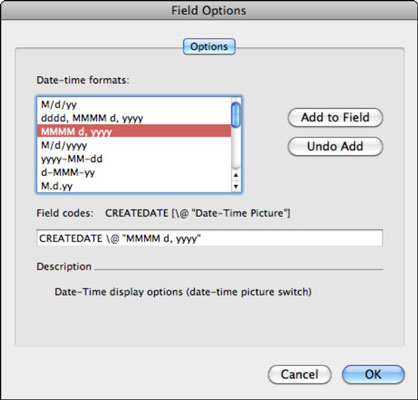 Додајте опције у поље у програму Ворд 2011 за Мац