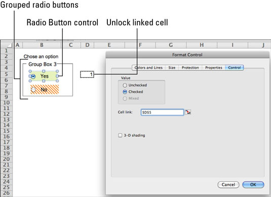 Gerð útvarpshnappa fyrir Excel eyðublöð í Office 2011 fyrir Mac