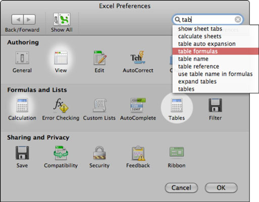 Exceli eelistuste määramine rakenduses Office 2011 for Mac