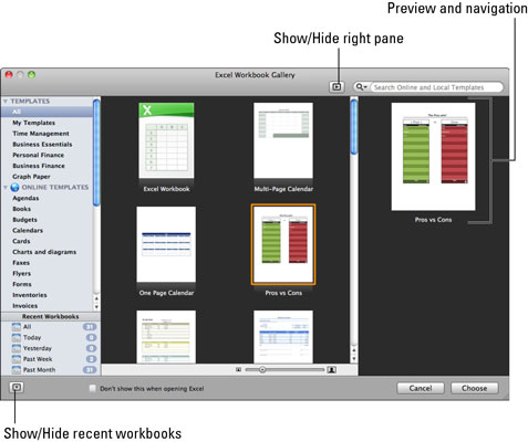 Odpiranje galerije delovnih zvezkov Excel v sistemu Office 2011 za Mac