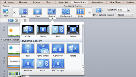 Pāreju izvēle PowerPoint slaidiem programmā Office 2011 darbam ar Mac